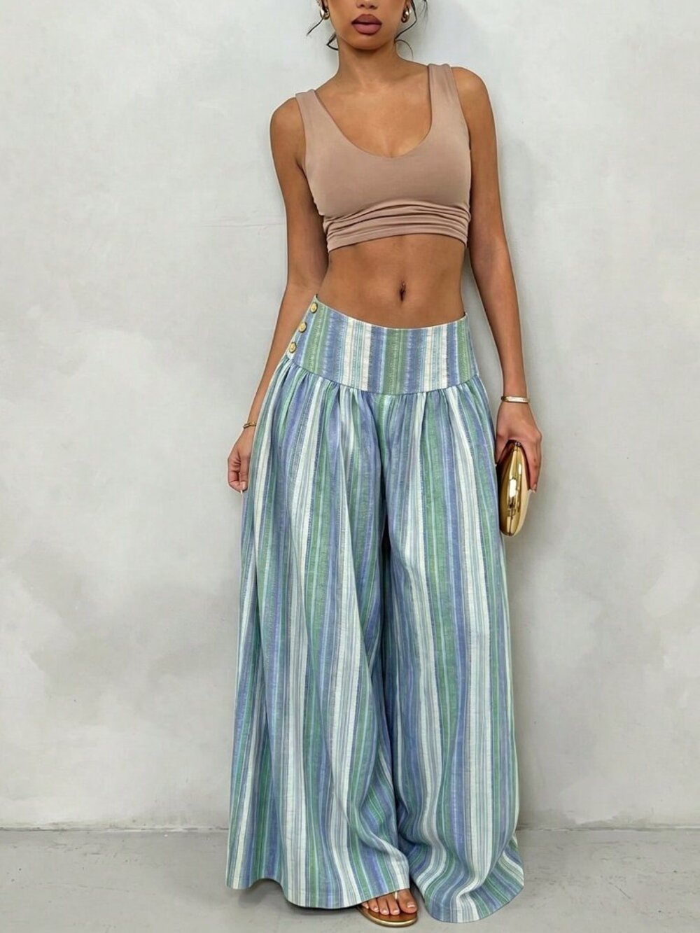 Blue Boho Women's Striped Woven Low Waist Wide Leg pants - Picture 5 of 5